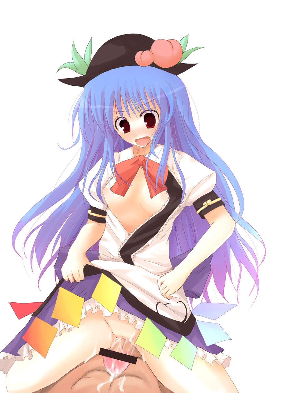 bar_censor blue_hair censored cowgirl_position cum ejaculation female flat_chest food fruit grinding hat highres long_hair male nipples outercourse peach_(fruit) penis pussy rikudou_inuhiko rule34 solo straddle tenshi_hinanawi touhou