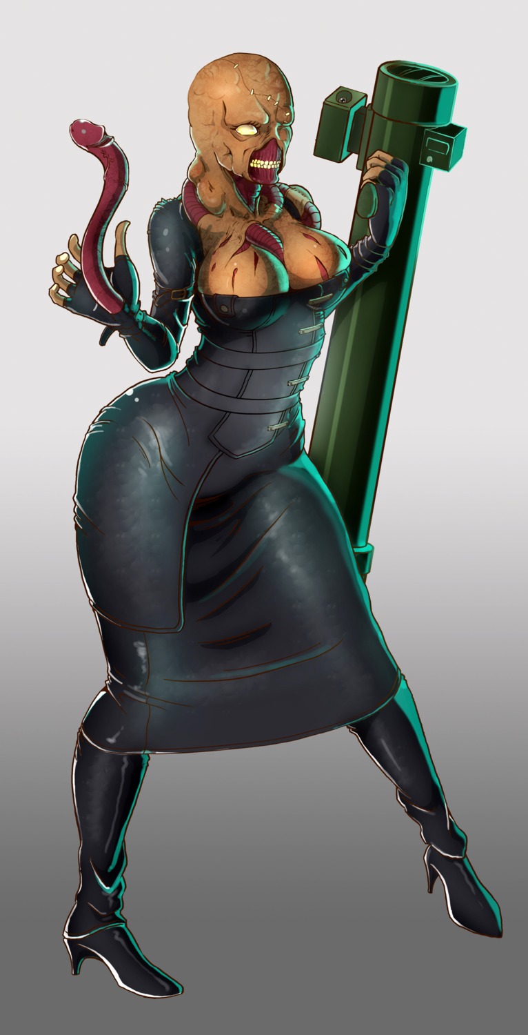 2013 absurd_res big_breasts boots bow_experiment_(resident_evil) breasts capcom clothing crossgender e621 flesh_creature footwear genitals gynomorph hi_res high_heeled_boots high_heels humanoid intersex kicktyan monster monstrous_humanoid nemesis_(resident_evil) nightmare_fuel penis ranged_weapon resident_evil rocket_launcher shoes smile solo t-virus_mutant_(resident_evil) teeth tentacles tyrant_(resident_evil) undead weapon zombie