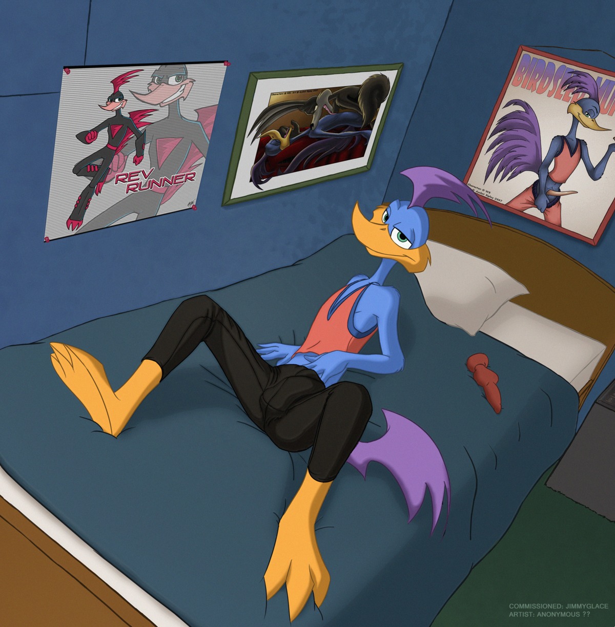 anonymous_artist anthro avian beak bed bird blue_body blue_eyes blue_feathers bottomwear bulge clothed clothing cuculiform detailed_bulge dildo e621 e621_post_recursion erection feathers feet furniture genital_outline genitals hi_res hindpaw inside knot knotted_dildo leather loonatics_unleashed looney_tunes male new_world_ground_cuckoo on_bed painting_(object) pants paws penis penis_outline pillow rev_runner roadrunner sex_toy solo tech_e._coyote warner_brothers