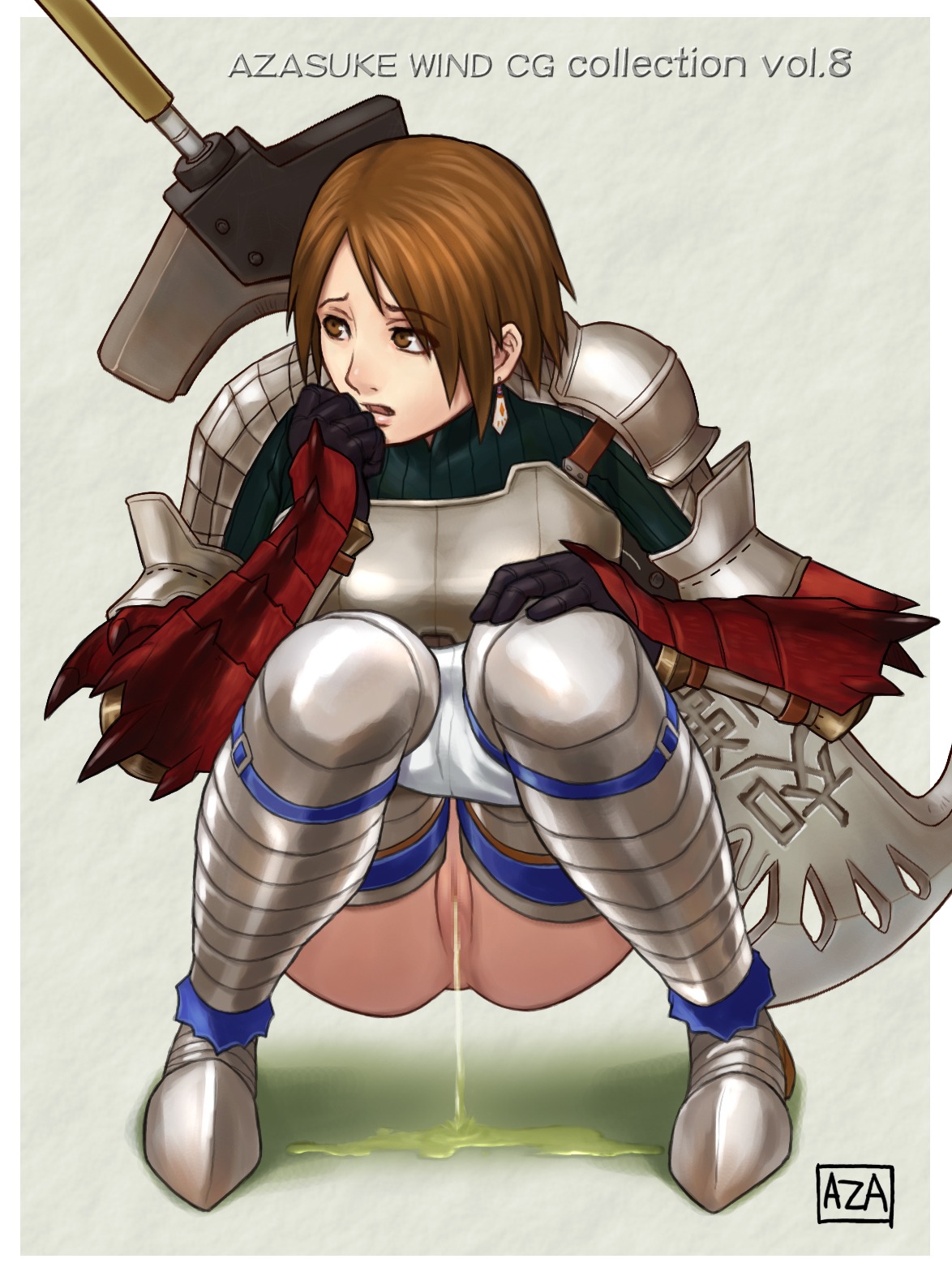 armor azasuke brown_eyes brown_hair censored earrings female gauntlets gloves highres jewelry monster_hunter peeing pussy rule34 short_hair shorts shorts_pull solo squatting sword thighhighs weapon
