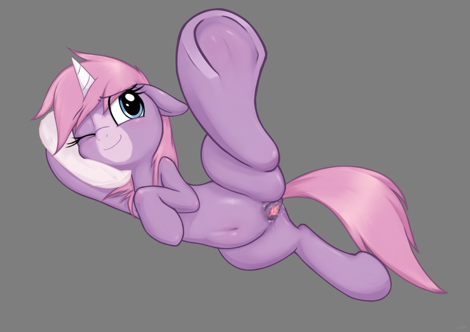 2013 alpha_channel blue_eyes blush bodily_fluids e621 equid equine fan_character female feral forst genital_fluids genitals hair hasbro hi_res hooves horn mammal my_little_pony mythological_creature mythological_equine mythology navel one_eye_closed one_leg_up pillow pink_hair purple_hair raised_leg simple_background smile solo spread_legs spreading stompy_slippers transparent_background unicorn vaginal_fluids vulva