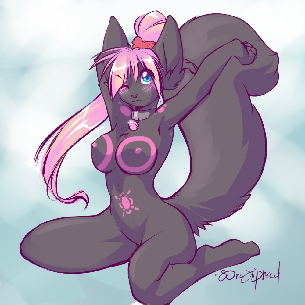 1:1 2012 anthro bell black_body black_ears black_tail blue_eyes blush braided_hair breasts collar digital_media_(artwork) domestic_cat e621 felid feline felis female fluffy genitals hair hybrid jasmine_(mstr85) long_hair looking_at_viewer mammal markings nipples nude one_eye_closed paint pink_hair pinup pose rodent sciurid solo soraslipheed stretching tail tree_squirrel vulva