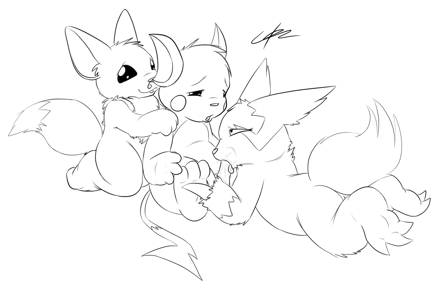 anthro eevee fellatio fur furry furry_only interspecies line_art male male_only monochrome multiple_males nintendo oral pokemon pokemon_(species) raichu rule34 tail yaoi zangoose
