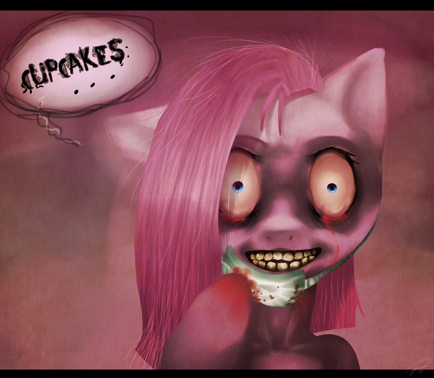 black_bars blood bloodshot_eyes bodily_fluids creepy cupcakes_(mlp_fanfic) e621 earth_pony english_text equid equine evil_grin female friendship_is_magic fur gore grin hair hasbro hi_res horse imalou insane letterbox mammal mask my_little_pony nightmare_fuel nosebleed pink_body pink_fur pink_hair pink_theme pinkamena_(mlp) pinkie_pie_(mlp) pony rape_face smile solo text