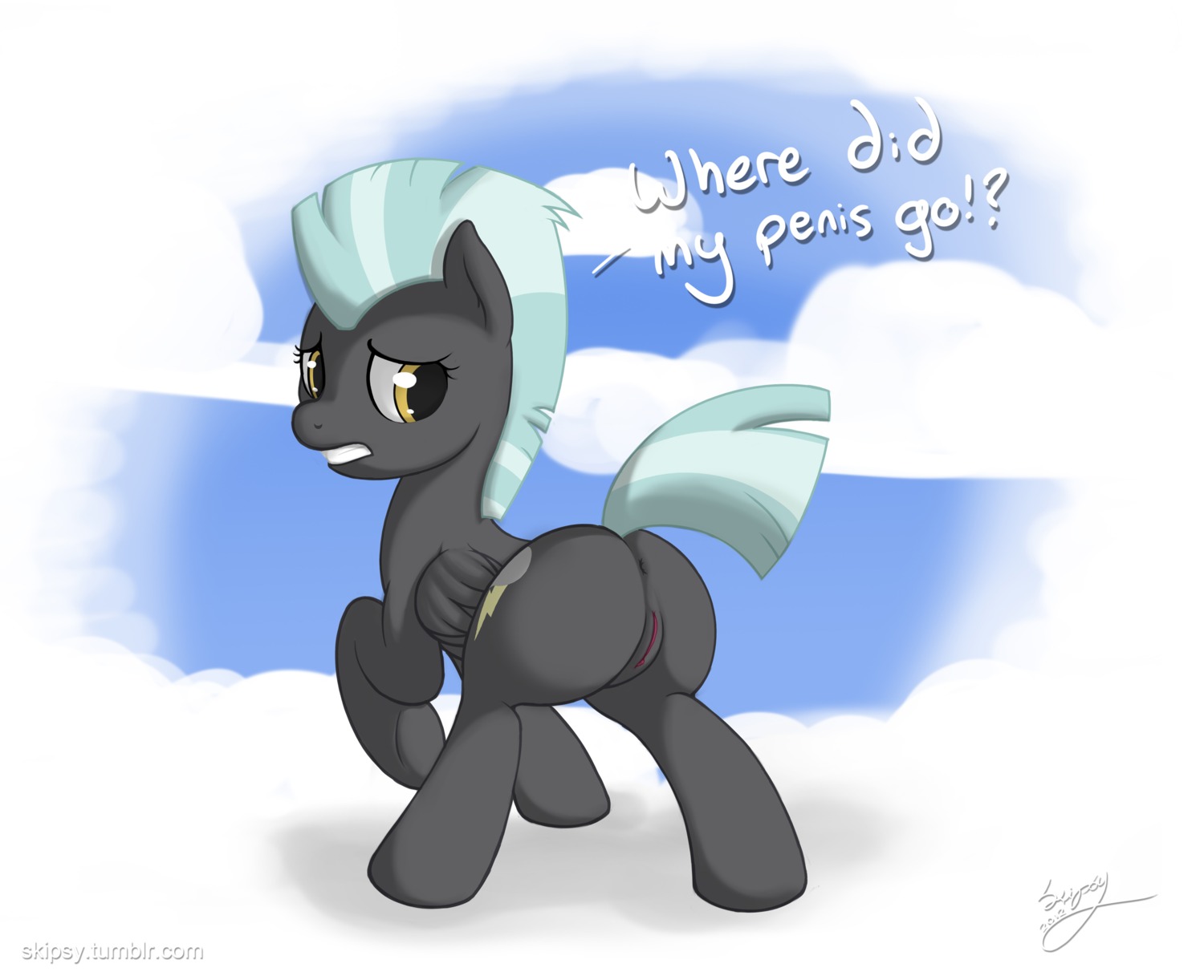 2012 anus black_body black_feathers butt cloud crossgender cutie_mark e621 equid equine feathered_wings feathers female feral friendship_is_magic genitals hair hasbro hi_res mammal multicolored_hair my_little_pony mythological_creature mythological_equine mythology outside pegasus presenting skipsy sky skyscape solo tail thunderlane_(mlp) vulva wings