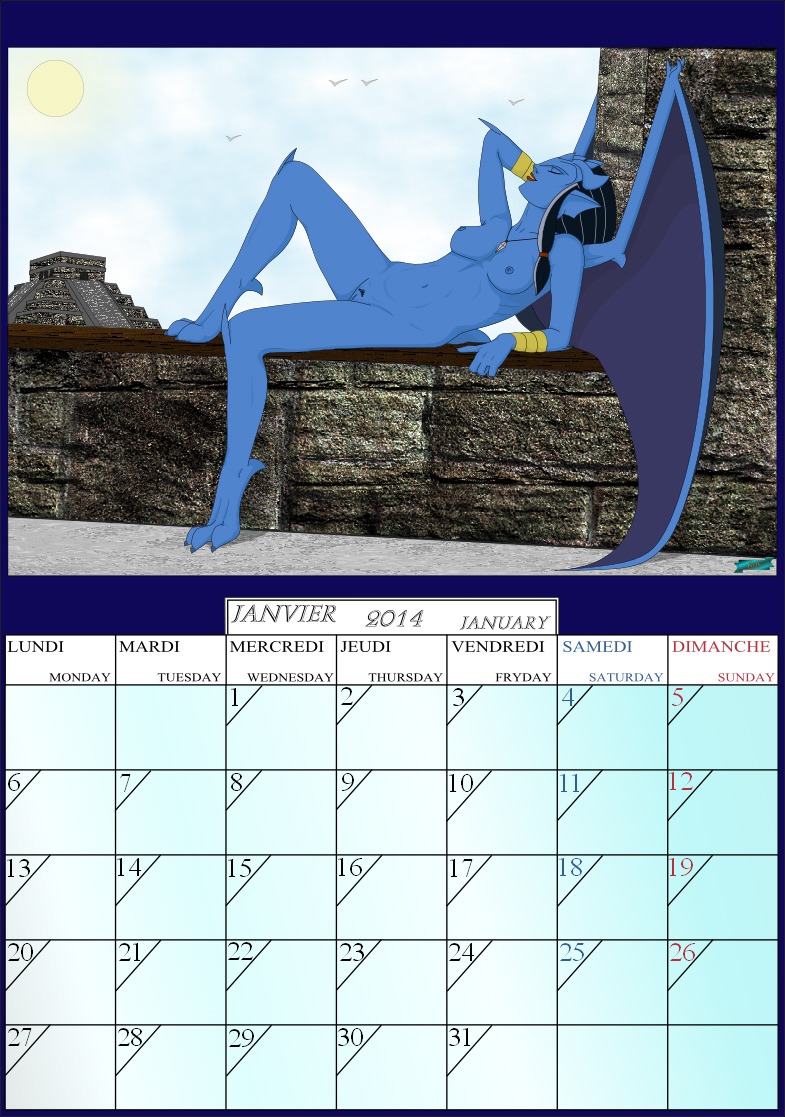 2014 breasts calendar calendar_graphic disney e621 fab3716 female gargoyles genitals irl_trace january_(month) nipples nude obsidiana pinup pose solo vulva