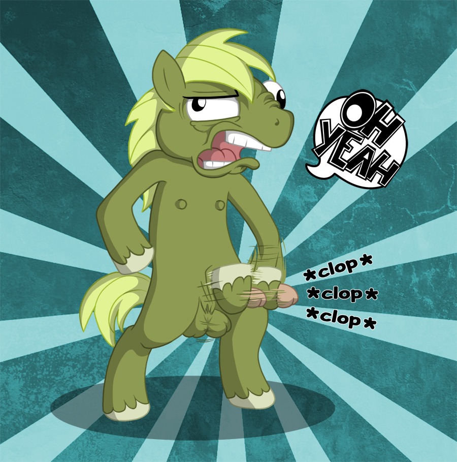 anthro balls biped bluevon derp_eyes e621 english_text equid equine erection fan_character friendship_is_magic genitals hasbro horse humanoid_genitalia humanoid_penis male mammal masturbation my_little_pony nipples penile penile_masturbation penis pony solo standing tail text