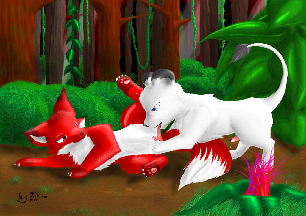 blue_eyes bodily_fluids canid canine cum detailed_background dipstick_tail duo e621 erection felid female feral forest fox genital_fluids genitals kimba kimba_the_white_lion leucistic licking lion male male/female mammal markings nature nude osamu_tezuka outside pantherine paws penis plant quadruped tail tail_markings tongue tongue_out tree unknown_artist vulva wood young young_feral
