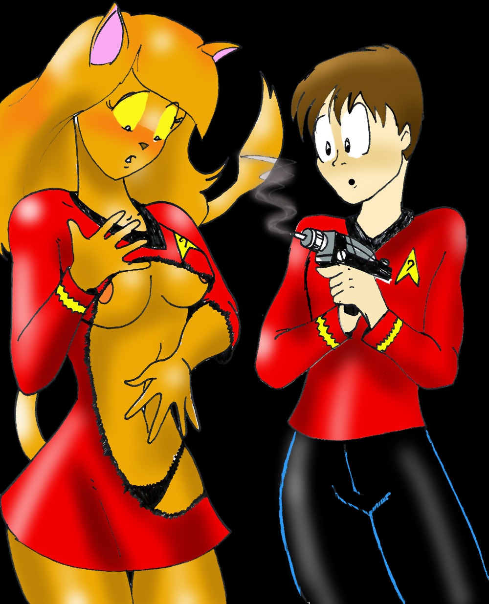 1girls alien anthro caitian_(species) female human humanized humanoid inspector97 john_f._ridley midriff navel orange_fur panty phaser red_shirt rule34 shiboline_m'ress star_trek star_trek_the_animated_series starfleet_insignia starfleet_uniform yellow_sclera