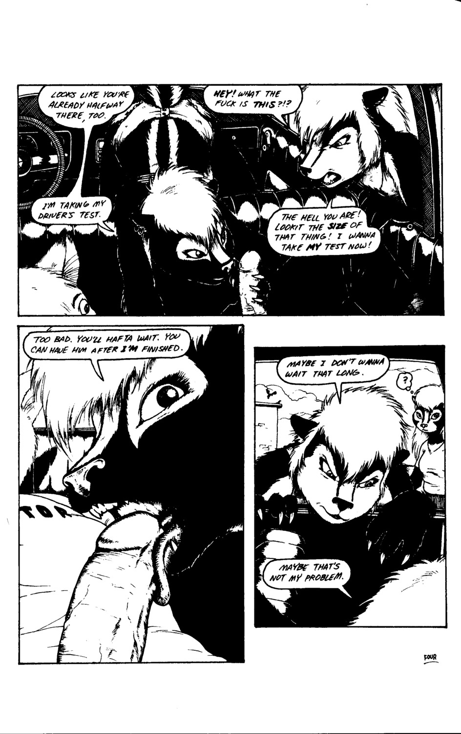 2000 absurd_res anthro black_and_white chad_(jmh) circumcised comic dialogue domestic_cat e621 english_text erection felid feline felis fellatio female genitals group hi_res humanoid_genitalia humanoid_penis interspecies james_m_hardiman licking lori_(jmh) male male/female mammal mephitid monochrome natasha_(jmh) onyx_(jmh) oral penile penis penis_lick piercing sex skunk text tongue tongue_out