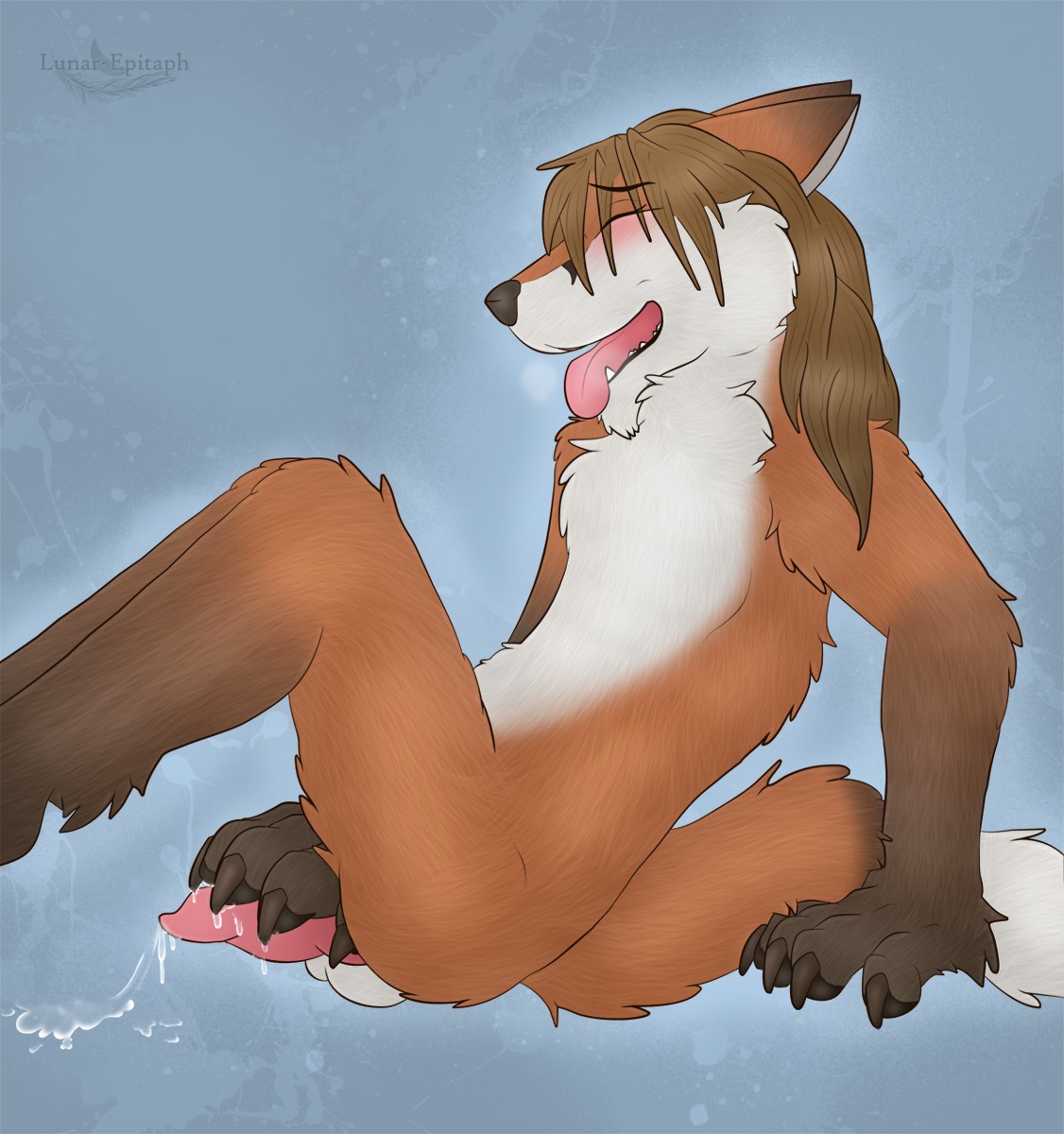 2011 anthro balls blush bodily_fluids canid canine cum e621 erection eyes_closed fox genital_fluids genitals hi_res lunar_epitaph male mammal masturbation nude penile penile_masturbation penis solo tail tongue