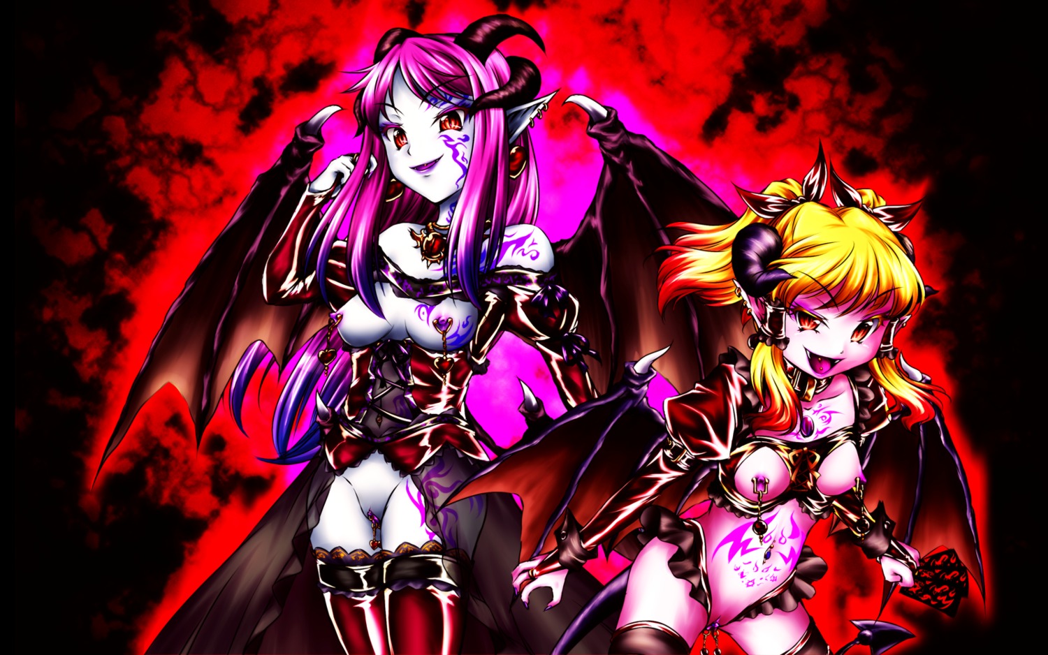 2girls bat_wings breasts clitoris clitoris_piercing corruption corset dark_persona female female_only highres horns jewelry labia_piercing long_hair marisa_kirisame multiple_females multiple_girls navel_piercing nipple_piercing nippleless_clothing nipples original piercing pixiv_manga_sample pussy reimu_hakurei remilia_scarlet rule34 sakuya_izayoi short_hair tattoo tied_hair tongue_piercing touhou twintails uncensored wings yuzu_momo