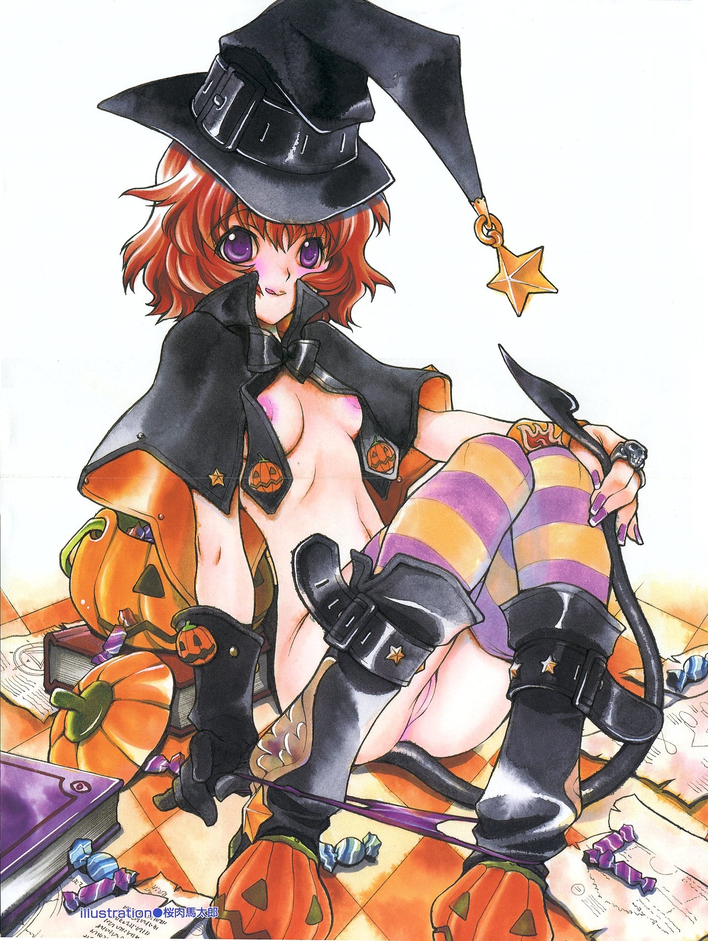 book candy female halloween nopan oppai panties purple_eyes pussy red_hair rule34 sakuraniku_umatarou tagme tail thighhighs vagina witch