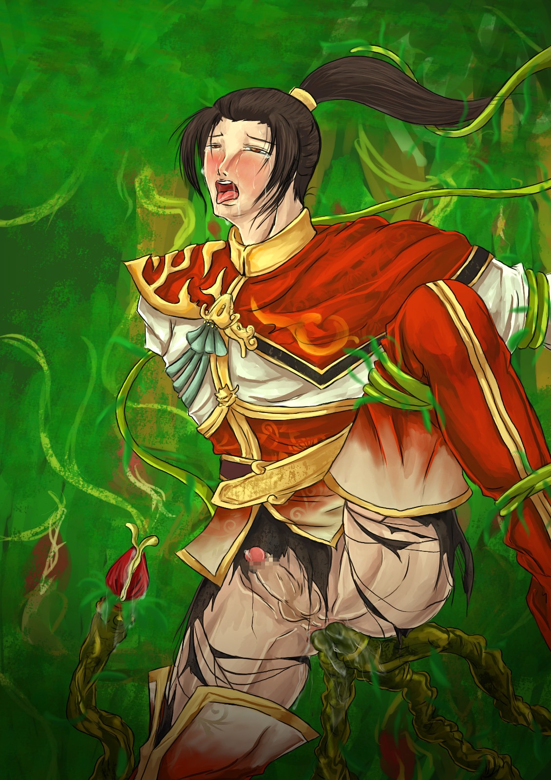 anal dynasty_warriors green_tentacles highres male penis plant rule34 shin_sangoku_musou tentacle tentacle_on_male triple_anal yaoi zhou_yu