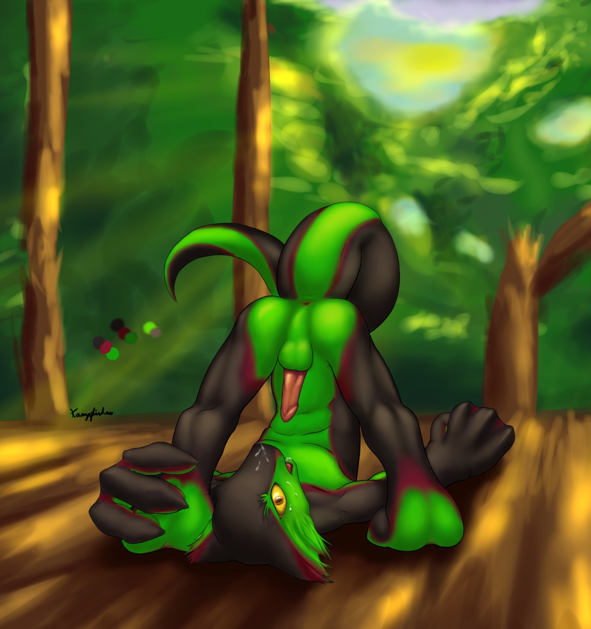 anthro autofellatio big_hands bodily_fluids club_arms cum cum_on_face cum_on_own_face cum_on_self cumshot detailed_background e621 ejaculation erection forest genital_fluids genitals hi_res huge_hands humanoid_genitalia humanoid_penis jungle kampfisken lizard looking_through looking_through_legs male masturbation nature oral oral_masturbation orgasm outside penile penile_masturbation penis plant reptile scalie solo tail tree upside_down wood