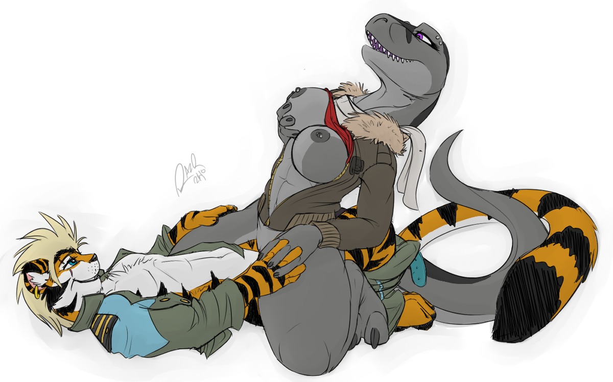 anthro big_breasts blue_eyes bottomless breasts claws clothed clothing clothing_lift cowgirl_position dinosaur drake_tigerclaw drake_tigerclaw_(character) duo e621 felid female female_on_top female_penetrated from_front_position interspecies jacket male male/female male_on_bottom male_penetrating male_penetrating_female mammal nipple_piercing nipples on_bottom on_top pantherine penetration penile penile_penetration penis_in_vagina piercing prehistoric_species razr reptile saurischian scalie scar sex shirt shirt_lift tail theropod thick_tail tiger topwear tyrannosaurid tyrannosauroid tyrannosaurus tyrannosaurus_rex vaginal vaginal_penetration vasha_vinodragova