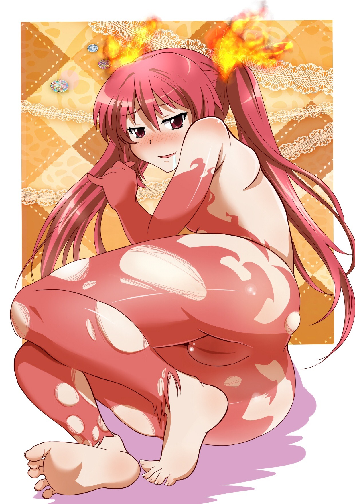 arm_rest ass bangs bare_shoulders barefoot blush checkered checkered_background cthugha_(nyaruko-san) elbow_gloves feet female fire foreshortening gloves hair_ornament haiyore!_nyaruko-san highres long_hair looking_at_viewer on_side panimiiru pantyhose pointy_chin pussy red_eyes red_hair red_legwear rule34 saliva soles solo tied_hair toes torn_clothes torn_pantyhose twintails