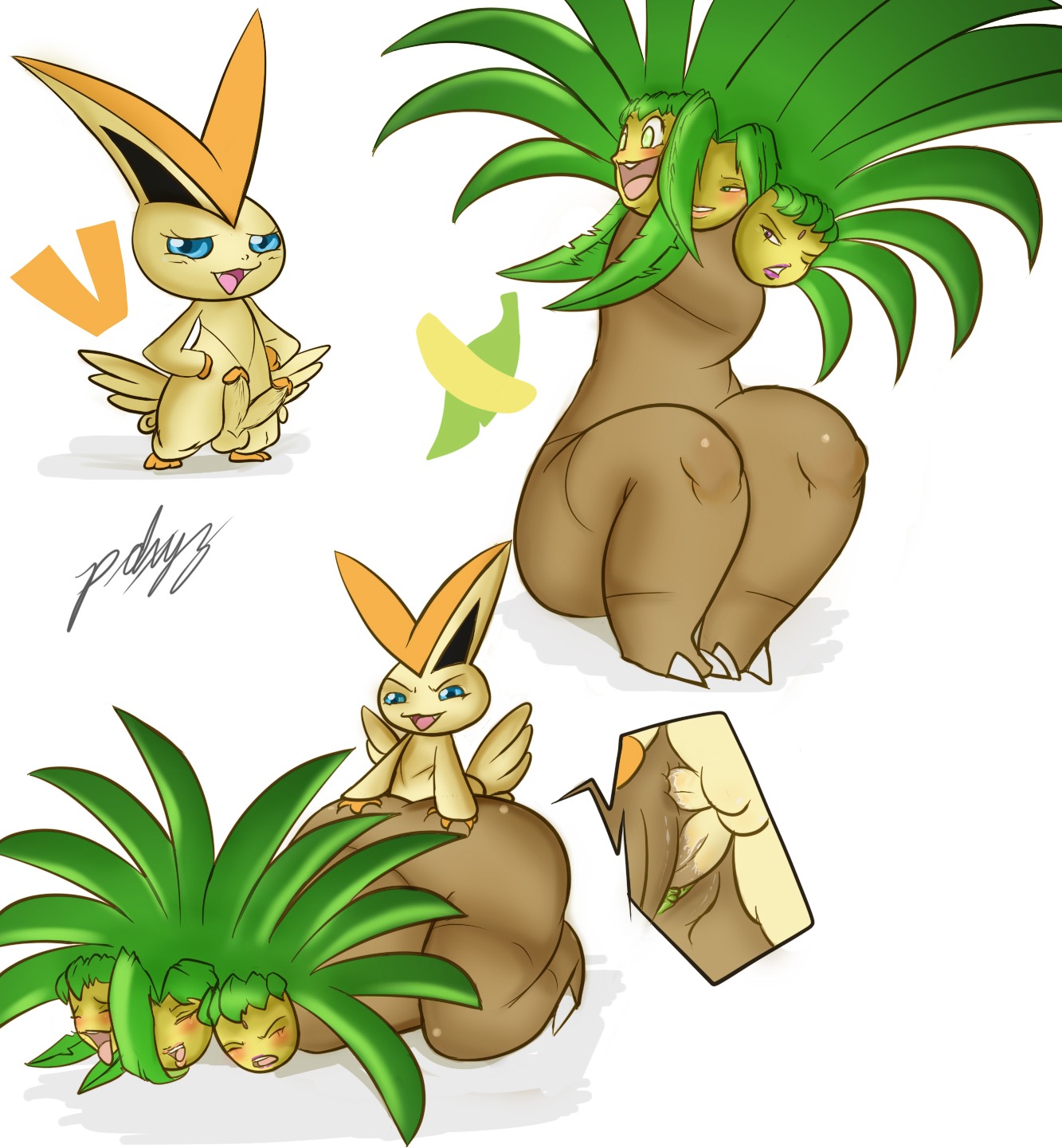 1boy 1girls armless balls erection exeggutor female furry interspecies male nintendo oddrich pdxyz penis pok&eacute;mon_(species) pokemon pokemon_(species) pokemon_bw rule34 sex straight testicles text victini wide_hips