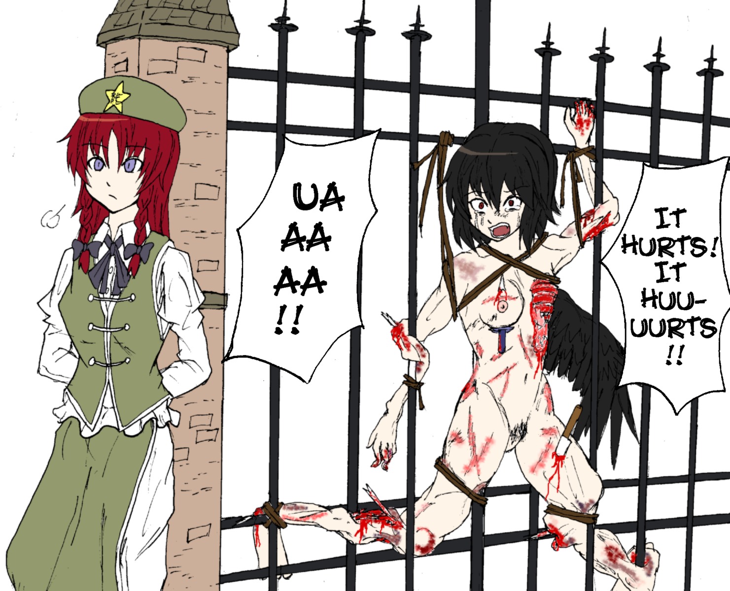 avulsion beige_skin black_hair bleeding blood blood_stain blue_eyes bone bound breasts broken_bone broken_fingers brown_eyes closed_mouth clothing color compound_fracture contusion covered_breasts dialog english_text exposed_breasts eyes female female_only fence fracture gore hair hat hong_meiling incision injury knife long_hair mouth multiple_females multiple_girls nudity open_eyes open_mouth puncture red_hair rib ribcage rope rule34 shameimaru_aya skin speech_bubble stabbing still_alive text touhou white_background wound