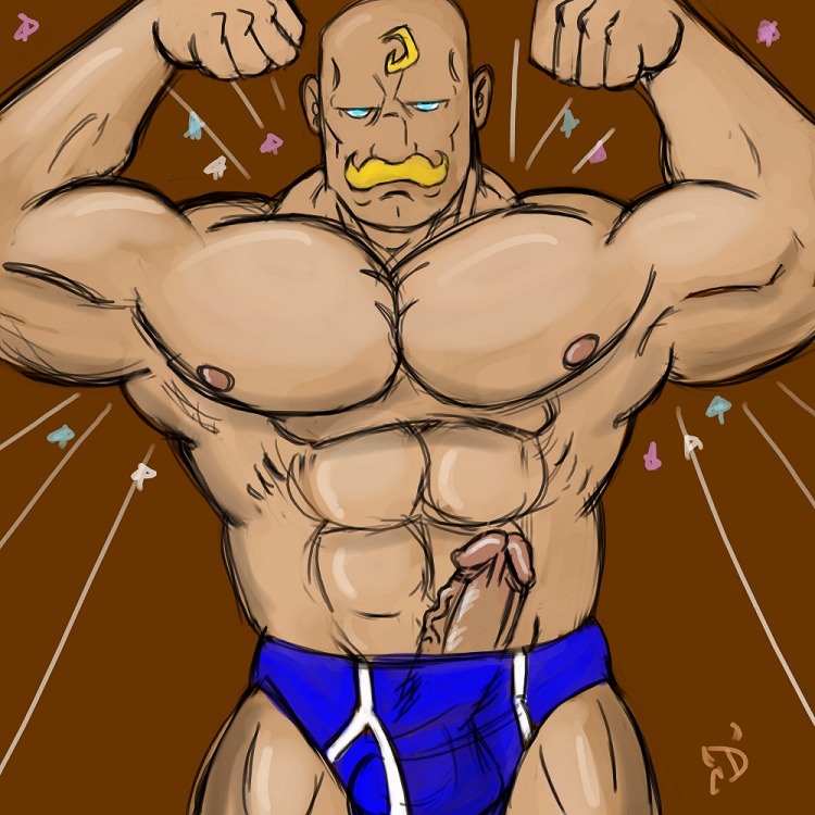 1boy alex_louis_armstrong bara clothes color demona_(artist) erection facial_hair flexing front_view fullmetal_alchemist hair human male male_only moustache muscles penis rule34 sketch solo topless yaoi yellow_hair
