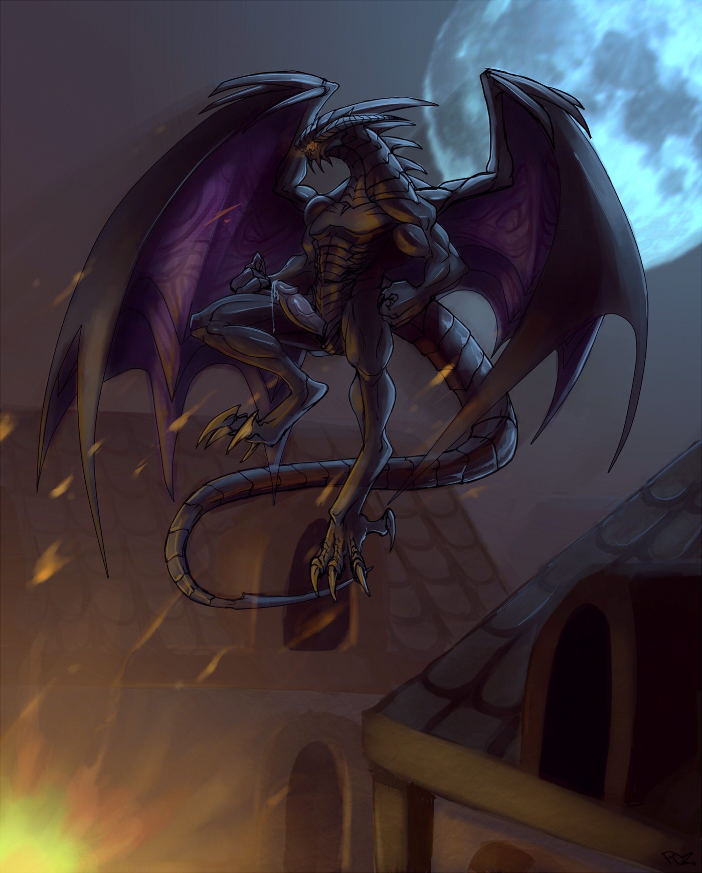 abs animal_genitalia athletic bahamut biceps big_penis black_body black_scales black_skin bodily_fluids building claws digital_media_(artwork) dragon e621 erection european_mythology final_fantasy final_fantasy_ix fire flying genital_fluids genital_slit genitals hi_res horn house leaking male membrane_(anatomy) membranous_wings moon muscular muscular_male mythological_creature mythological_scalie mythology night nude outside pcz pecs penis pose precum purple_body purple_skin scales scalie scar sheath sky solo spread_wings square_enix tail toe_claws vein western_dragon wings