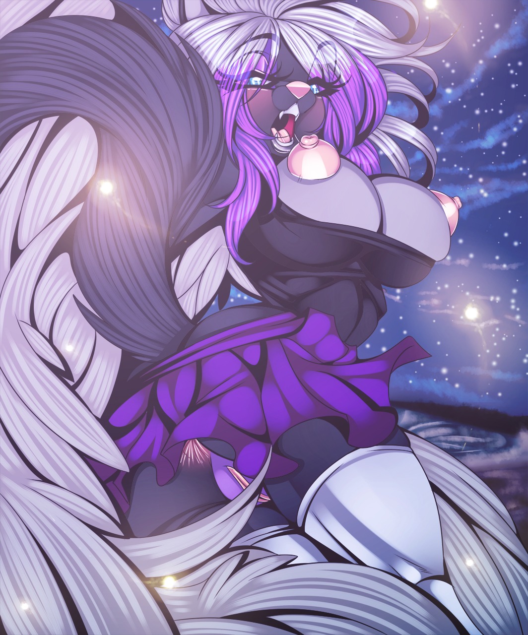 2013 anthro anus areola big_breasts big_nipples biped black_body black_fur blue_eyes blush bottomwear breasts butt canid canine clothed clothing crystal-for-ever digital_media_(artwork) e621 fangs female fur genitals grey_body grey_fur hair hi_res legwear lips long_hair looking_at_viewer looking_back makeup mammal nipples open_mouth outside pink_nose purple_hair shirt skirt sky solo star stockings teeth topwear unknown_species vulva white_hair