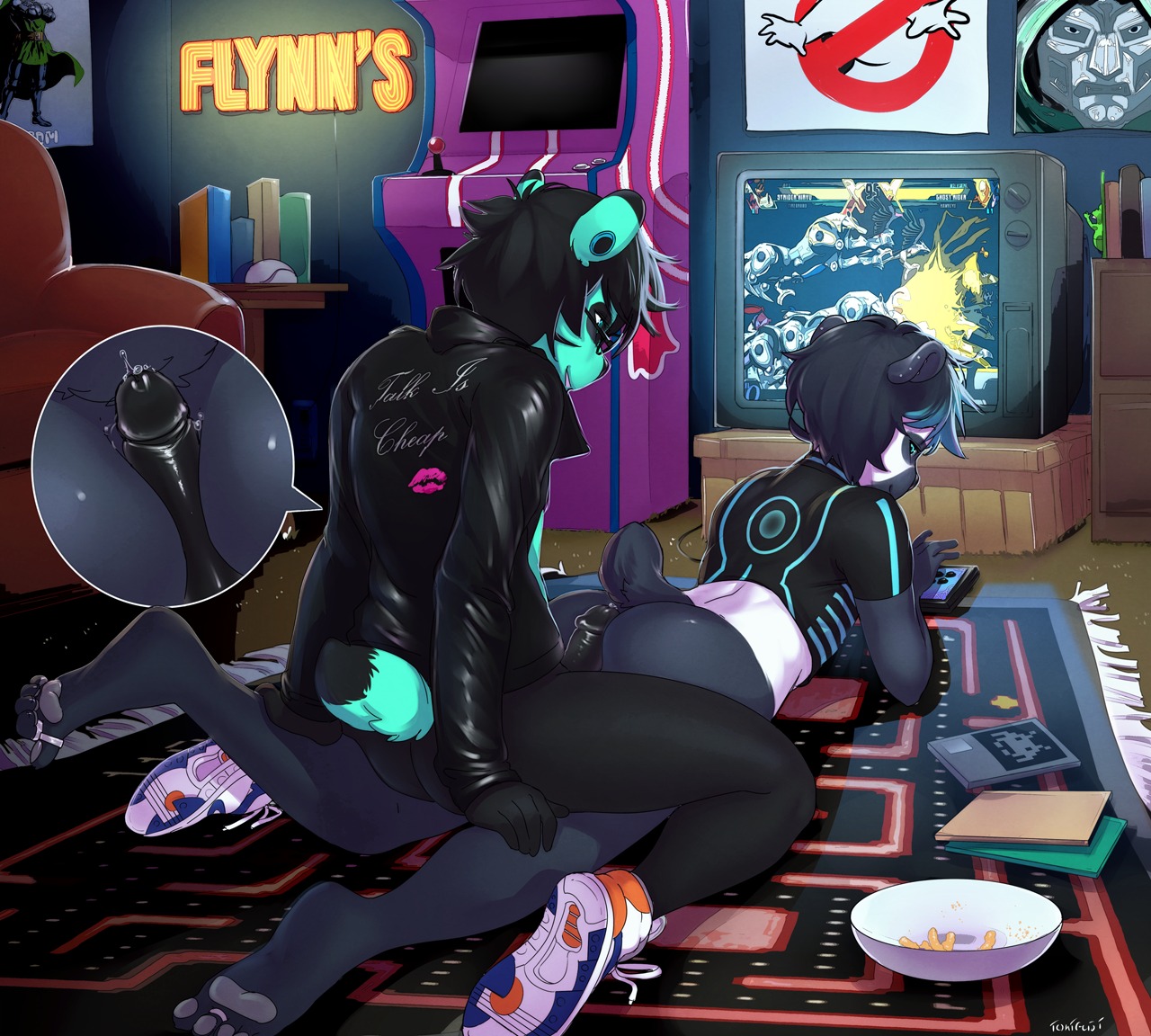 ambiguous_gender anthro barefoot bear black_hair black_penis bodily_fluids bottomless butt clothed clothing controller duo e621 electronics erection eyewear feet game_controller gaming genital_fluids genitals ghostbusters giant_panda glasses hair hot_dogging humanoid_genitalia humanoid_penis jacket leather leather_clothing leather_jacket leather_topwear leo_north_(leonorth.) lying male mammal on_front partially_clothed penis playing_video_game precum sex tenkai_mitsuda_(samoyedsin) tokifuji topwear tron