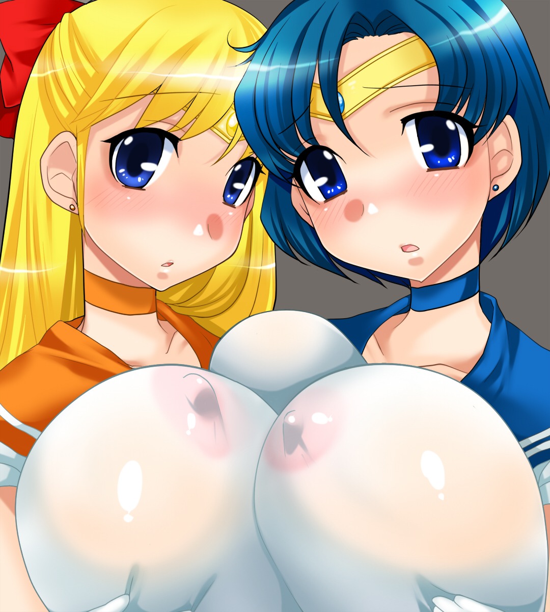 2girls ami_mizuno big_breasts bishoujo_senshi_sailor_moon blonde_hair blue_hair blush bow breast_squeeze breasts clothing ebimayo erect_nipples erect_nipples_under_clothes female female_only highres huge_breasts human large_breasts minako_aino multiple_females multiple_girls nipple_bulge nipples rule34 sailor_mercury sailor_venus straight_hair yuri