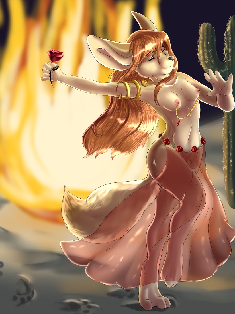 3:4 anthro armlet bottomwear breasts cactus canid canine clothed clothing curvy_figure dancing digital_media_(artwork) digitigrade e621 eyes_closed female flower footprint fox genitals hair hourglass_figure jewelry long_hair mammal navel nipple_piercing nipples pawprint piercing plant rika_(artist) rose_(flower) skimpy skirt small_waist solo tail topless translucent translucent_clothing vulva
