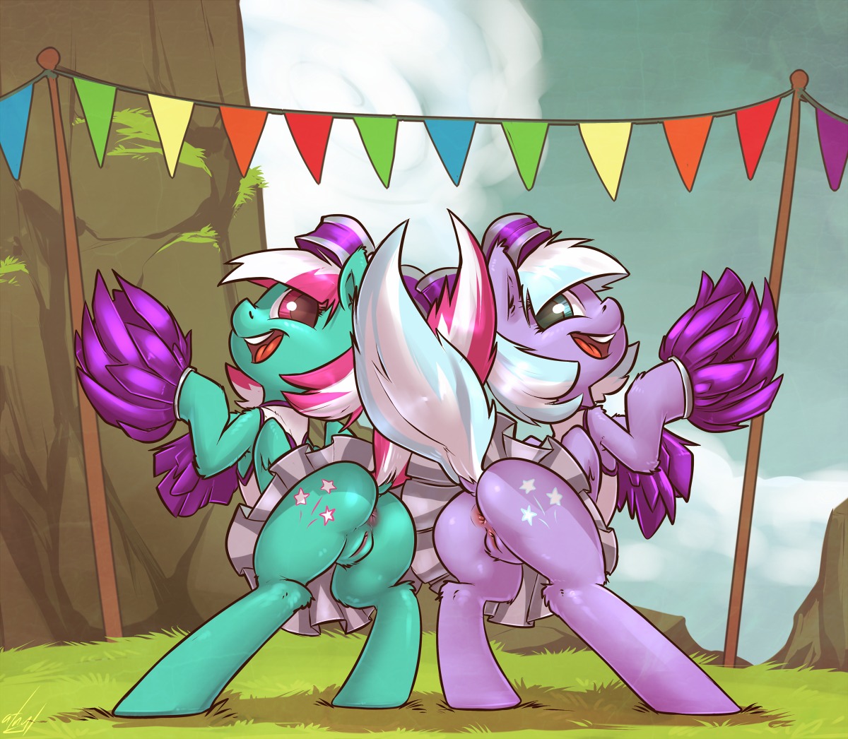 anus atryl blue_eyes butt cheerleader clothed clothing cutie_mark detailed_background digital_media_(artwork) dress duo e621 equid equine female feral fizzy_pop_(mlp) friendship_is_magic fur genitals grass green_body green_fur hasbro lilac_sky_(mlp) looking_at_viewer mammal my_little_pony mythological_creature mythological_equine mythology no_underwear open_mouth open_smile outside pegasus plant pom_poms purple_body purple_eyes purple_fur smile vulva wings