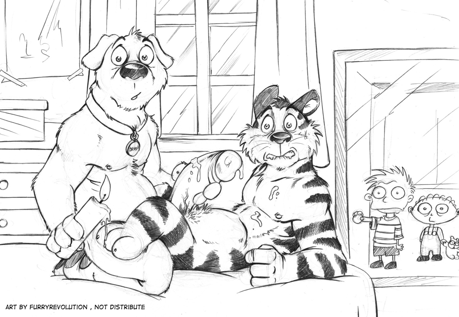 anal anal_penetration anthro bed bodily_fluids brian_griffin calvin_(calvin_and_hobbes) calvin_and_hobbes candle canid canine canis caught_in_the_act clothed clothing collar crossover do_not_distribute domestic_dog e621 english_text erection family_guy felid fully_clothed furniture furryrevolution genital_fluids genitals glass group guide_lines hi_res hobbes human humanoid_genitalia humanoid_penis inside male male/male male_penetrated male_penetrating male_penetrating_male mammal mirror monochrome nude on_bed pantherine pen_(artwork) penetration penis precum rupert_(family_guy) scarred_for_life sex sex_toy stewie_griffin stripes text tiger traditional_media_(artwork) uhoh walk-in what window