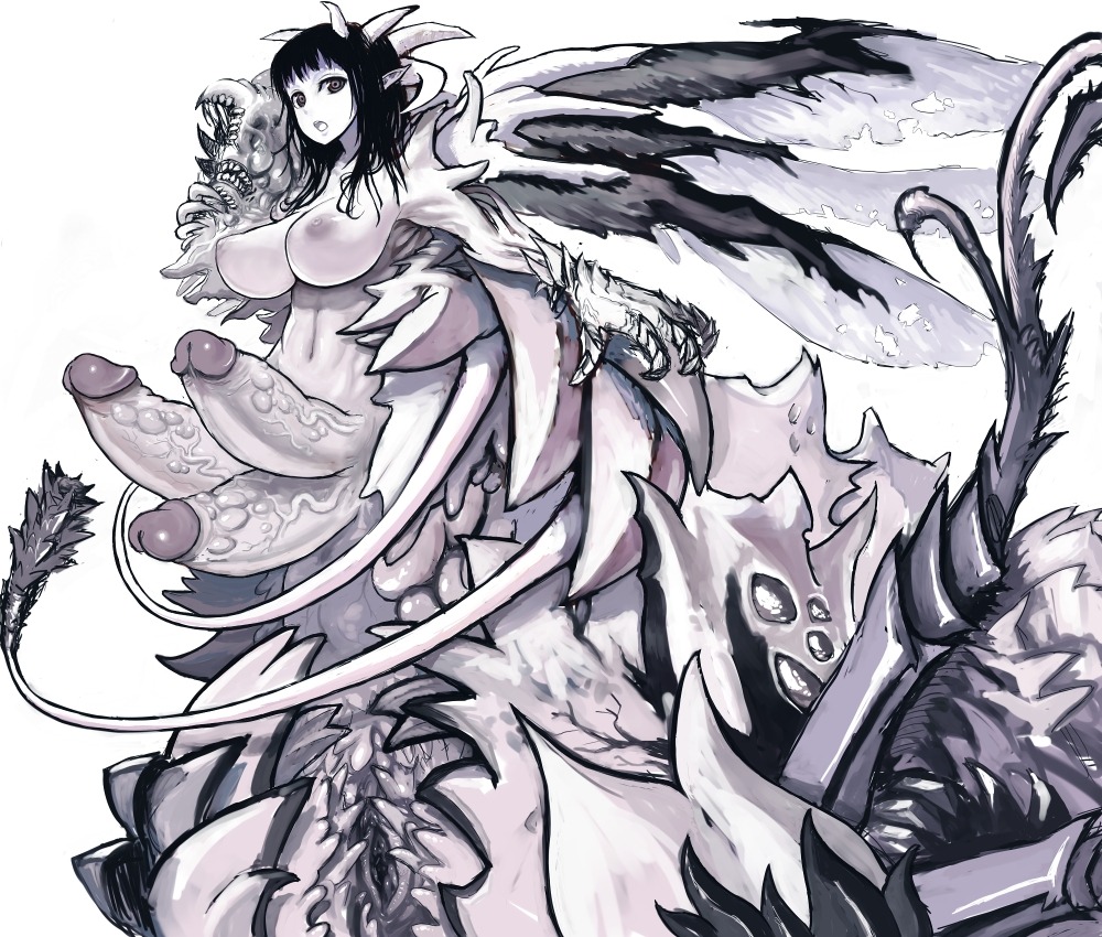 1futa breasts chikokuma erection female futanari hair horns huge_penis intersex looking_at_viewer monochrome monster_girl multi_genitalia multi_penis original pale_skin penis pussy rule34 triphallia veins veiny_penis white_skin wings