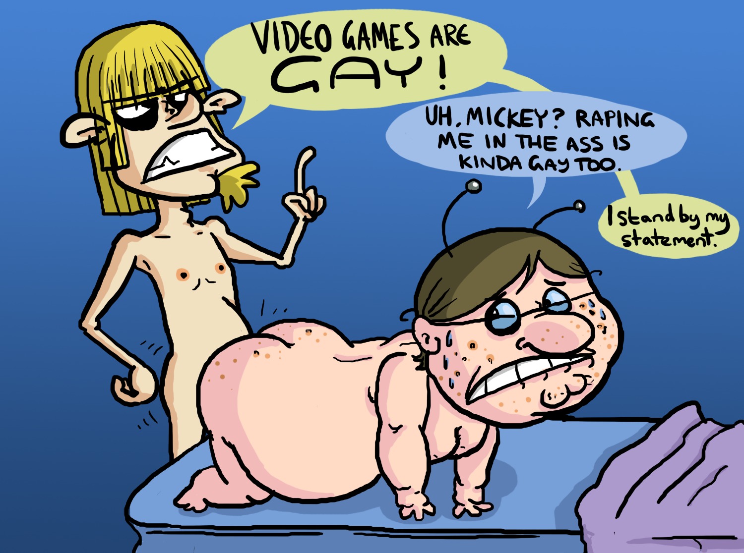 2boys all_fours anal anal_sex artist_request biting_lip brown_hair duo english_text eric_(wgj4k) hotdiggedydemon male male_only mickey_the_dick nude overweight overweight_male penetration rape rule34 sex simple_background text wacky_game_jokez_4_kidz yaoi