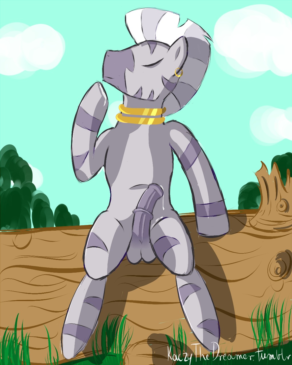 animal_genitalia animal_penis anthro balls bodily_fluids cel_shading crossgender cum cum_on_hoof cum_on_leg cum_on_self day e621 ear_piercing equid equine equine_genitalia equine_penis erection eyes_closed friendship_is_magic front_view ftm_crossgender fur genital_fluids genitals grass grey_body grey_fur hasbro hi_res kaczy log male mammal mohawk my_little_pony neck_ring nude outside penis piercing plant shaded sitting sky solo stripes toony wood zebra zecora_(mlp)