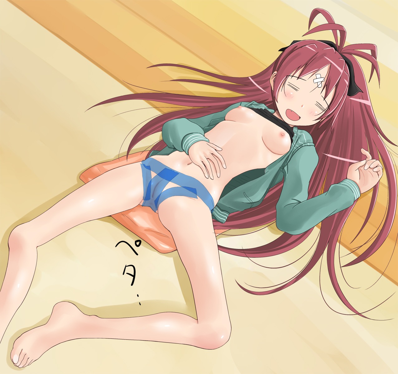 1girls bandaid bare_legs barefoot blush bow breasts closed_eyes feet female hairbow highres hoodie knocked_out long_hair lying mahou_shoujo_madoka_magica navel nipples no_bra nude on_back pussy pussy_tape red_hair rule34 sakura_kyouko shorts shuuji_(shumi) solo tape uncensored unconscious