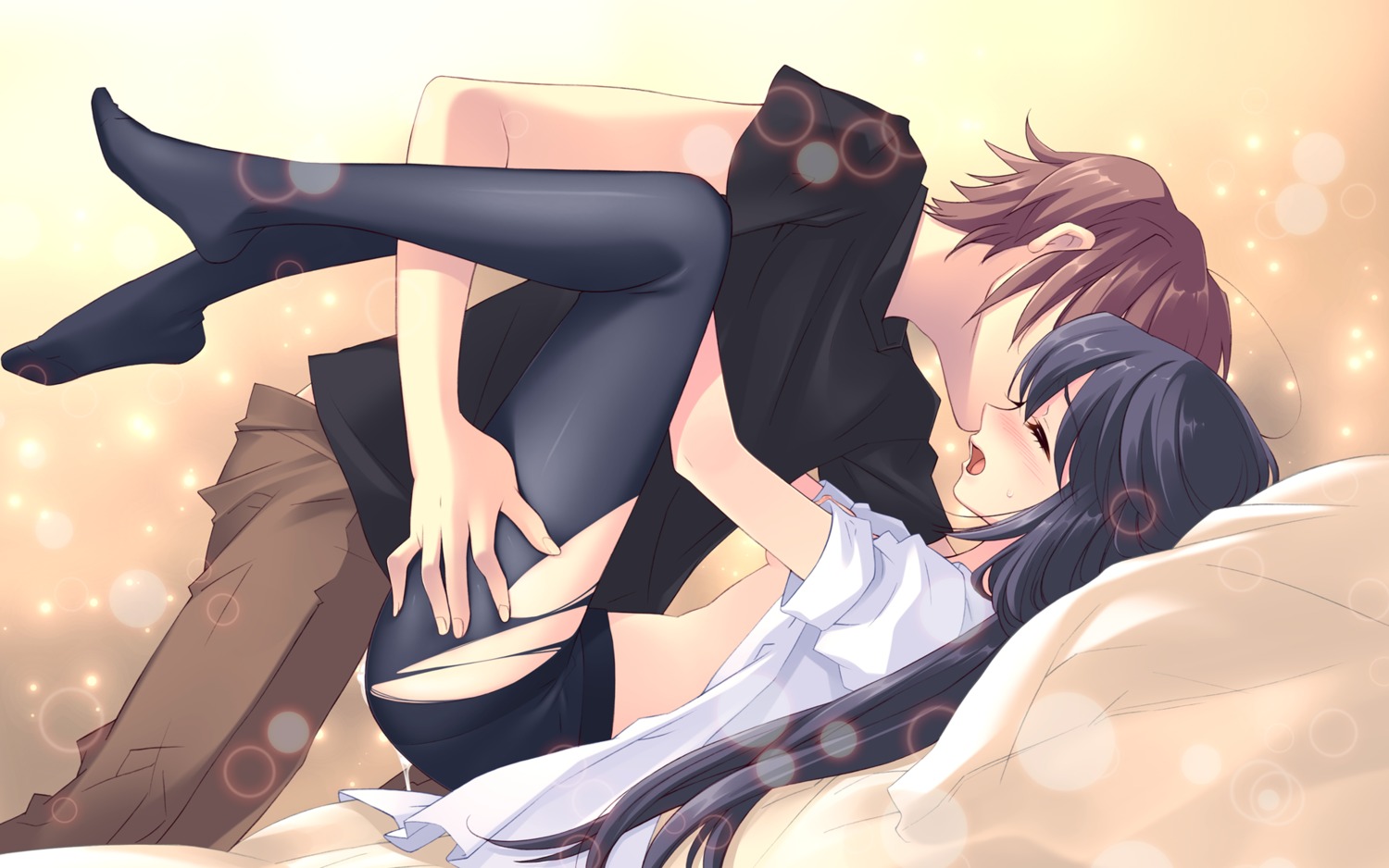 ahoge bed black_hair blush breasts brown_hair closed_eyes clothed_sex couple cum cum_inside cumdrip feet female flyable_heart game_cg glowing highres hug itou_noiji katsuragi_shou kimi_no_nagori_wa_shizuka_ni_yurete legs_up long_hair lying missionary nipples no_bra no_pants no_shoes on_back open_clothes open_mouth open_shirt pantyhose pillow pussy rule34 sex shirasagi_mayuri shirt short_hair t-shirt torn_clothes torn_pantyhose vaginal_penetration wallpaper