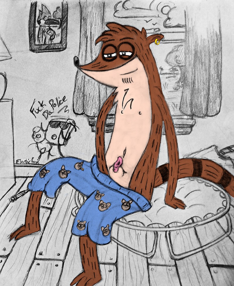 animal_genitalia anthro cartoon_network clothed clothing e621 ear_piercing electricfox genitals male mammal nipples penis penis_tip piercing procyonid raccoon regular_show rigby_(regular_show) sheath solo tail topless