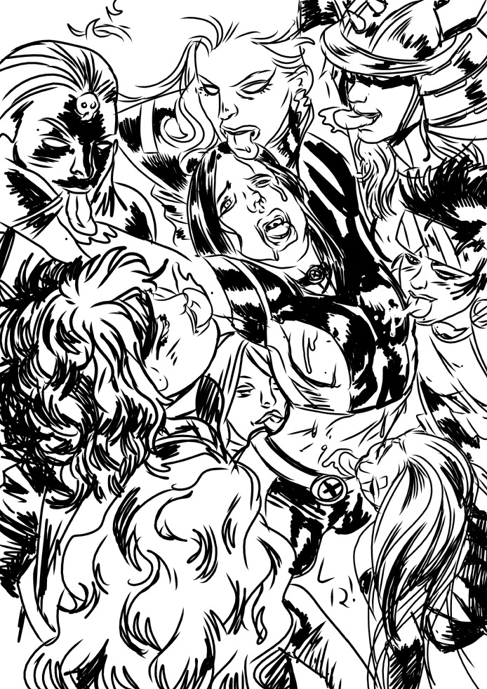 2012 9girls anna_marie female female_only interracial jubilee marvel marvel_comics monochrome mystique ororo_munroe psylocke_(kwannon) raven_darkholme rita_wayword rogue_(x-men) rule34 spiral_(marvel) storm_(x-men) straight_hair x-23 x-men yuri