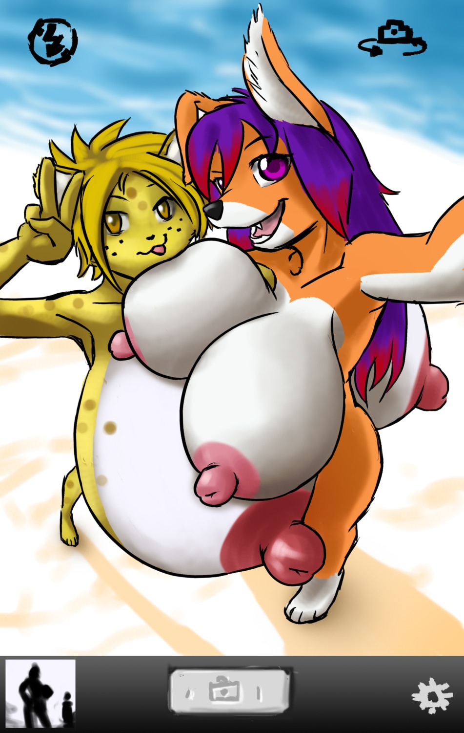absurd_res anthro beach big_breasts breasts camera_view character_request cubikore detailed_background duo e621 erect_nipples female fyxe hi_res huge_breasts hyper hyper_breasts keonii looking_at_viewer nipples nude outside sand seaside selfie