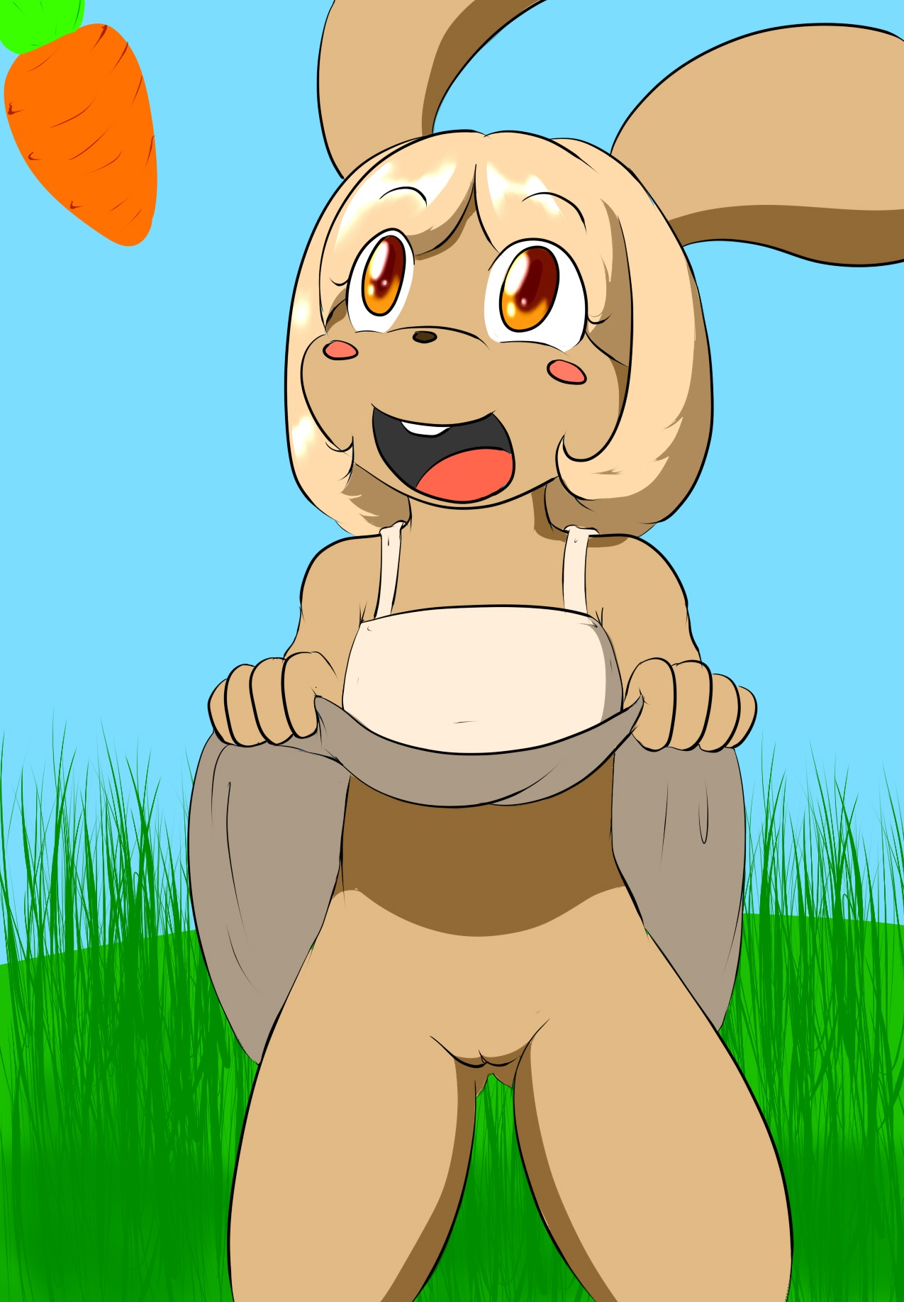 anthro carrot clothing e621 female food genitals hi_res killy00 lagomorph leporid mammal orange_eyes plant rabbit solo vegetable vulva young young_anthro young_female