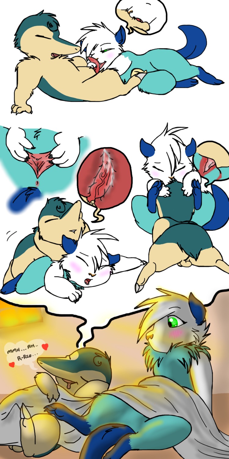 1:2 3_toes 4_fingers anal anal_penetration anthro backsack balls barefoot bed bed_covers bedding bedroom black_eyes blanket blue_body blue_fur blush bodily_fluids brown_nose claws close-up cum cum_in_ass cum_inside cum_on_penis cyndaquil dialogue dream drooling duo e621 ellipsis english_text erection eyes_closed feet female female_penetrated fingers fur furniture generation_2_pokemon generation_5_pokemon genital_fluids genitals green_eyes heart_symbol hi_res inside japanese licking looking_down lying male male/female male_penetrating male_penetrating_female mammal mustelid narrowed_eyes nintendo nude on_back on_front on_side on_top oshawott penetration penis pink_body pink_penis pink_skin pokemon pokemon_(species) saliva sex simple_background sleeping spread_legs spreading squint syntex tail text toes tongue tongue_out vulva white_background white_body white_fur yellow_body yellow_fur young