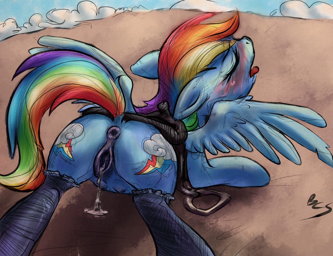 2013 anatomically_correct anatomically_correct_genitalia anatomically_correct_vulva animal_genitalia animal_vulva anus ass_up blue_body blue_feathers blue_fur blush bodily_fluids butt buttercup_saiyan chromaskunk clothing cloud cutie_mark dripping e621 equid equine equine_genitalia equine_vulva eyes_closed feathered_wings feathers female feral friendship_is_magic fur genital_fluids genitals hair hasbro legwear mammal multicolored_hair multicolored_tail my_little_pony mythological_creature mythological_equine mythology open_mouth outside pegasus rainbow_dash_(mlp) rainbow_hair rainbow_tail saddle signature solo spread_legs spreading stockings tail teats tongue tongue_out vaginal_fluids vulva wings
