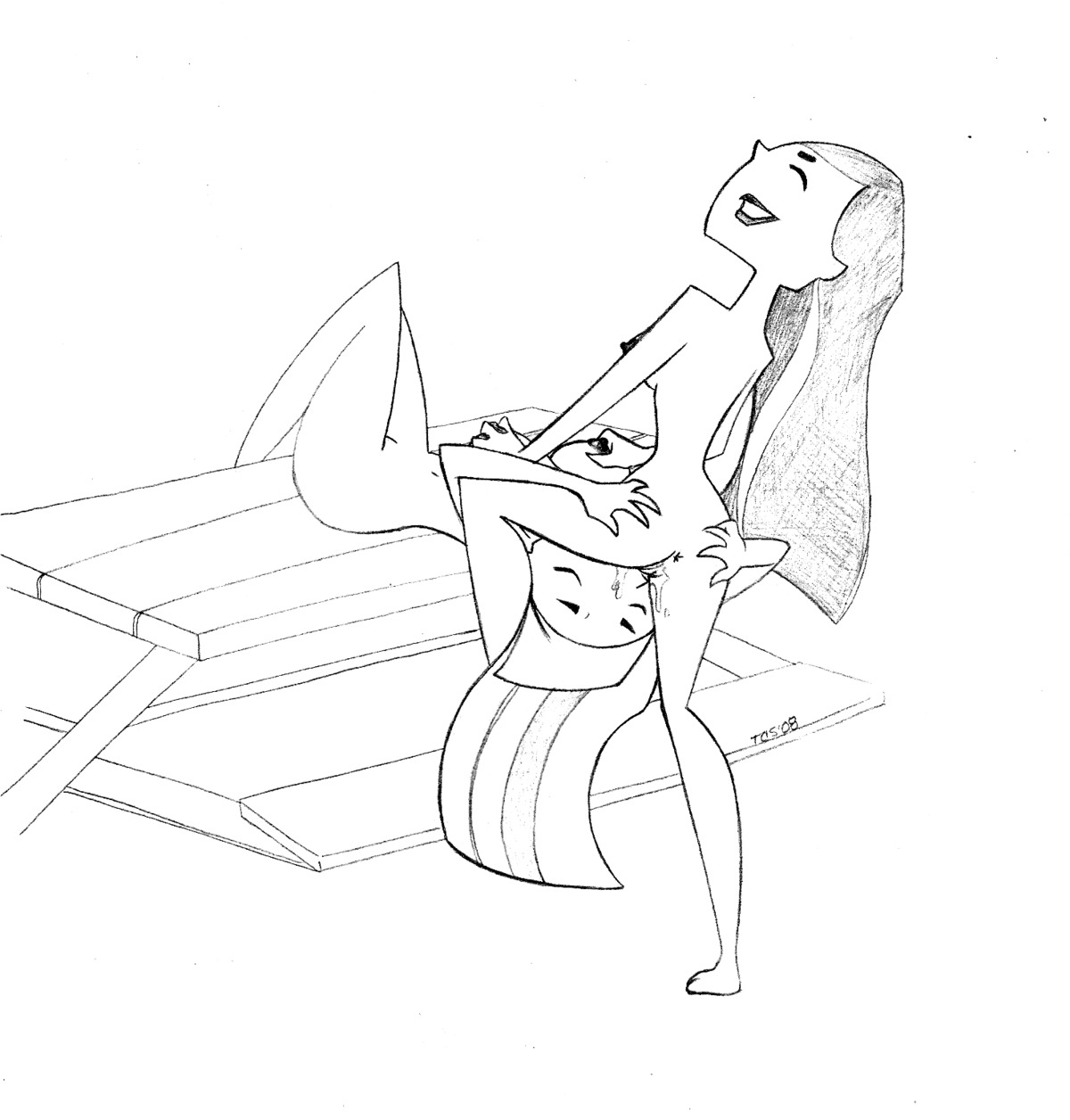 2girls ass ass_grab big_breasts bimbo breasts busty cartoony cunnilingus female female_only greyscale heather_(tdi) human human_only large_breasts lindsay_(tdi) long_hair monochrome rule34 sketch straight_hair tcs total_drama_island yuri