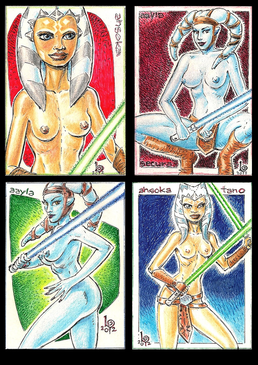 2girls aayla_secura ahsoka_tano artist_request blue_lightsaber clone_wars female female_only green_lightsaber jedi lightsaber multiple_females multiple_girls rule34 star_wars tagme text the_clone_wars:_season_four togruta twi'lek