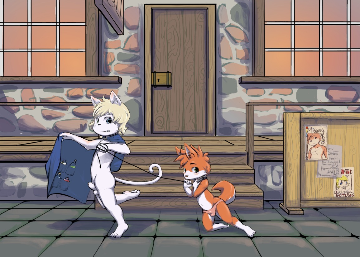 age_regression animal_genitalia anthro balls bulge canid canine canis cape child clothed clothing collar domestic_cat domestic_dog duo e621 felid feline felis fully_sheathed fur genitals harmarist interspecies isaac_einfalt kaoru_(kitaness) leash male male/male mammal nude_anthro nude_male outside potion sheath smile smirk toddler underwear underwear_only white_body white_fur young young_anthro young_male