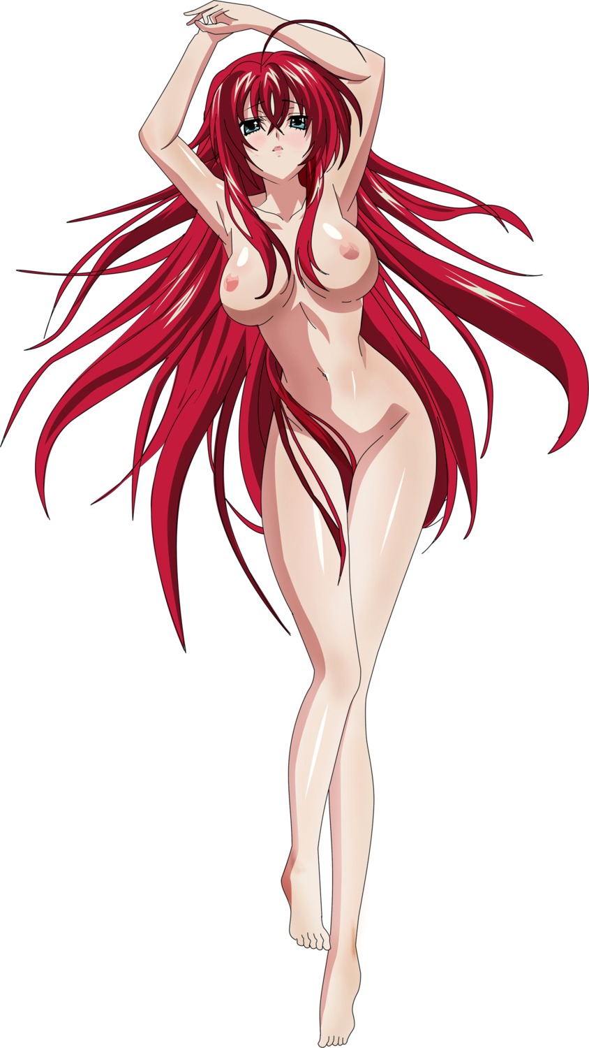 1girls ahoge armpits arms_up barefoot blue_eyes breasts cartoony convenient_censoring demon female female_only green_eyes high_school_dxd highres humanoid large_breasts long_hair nipples nude open_mouth pussy red_hair rias_gremory rule34 simple_background solo white_background