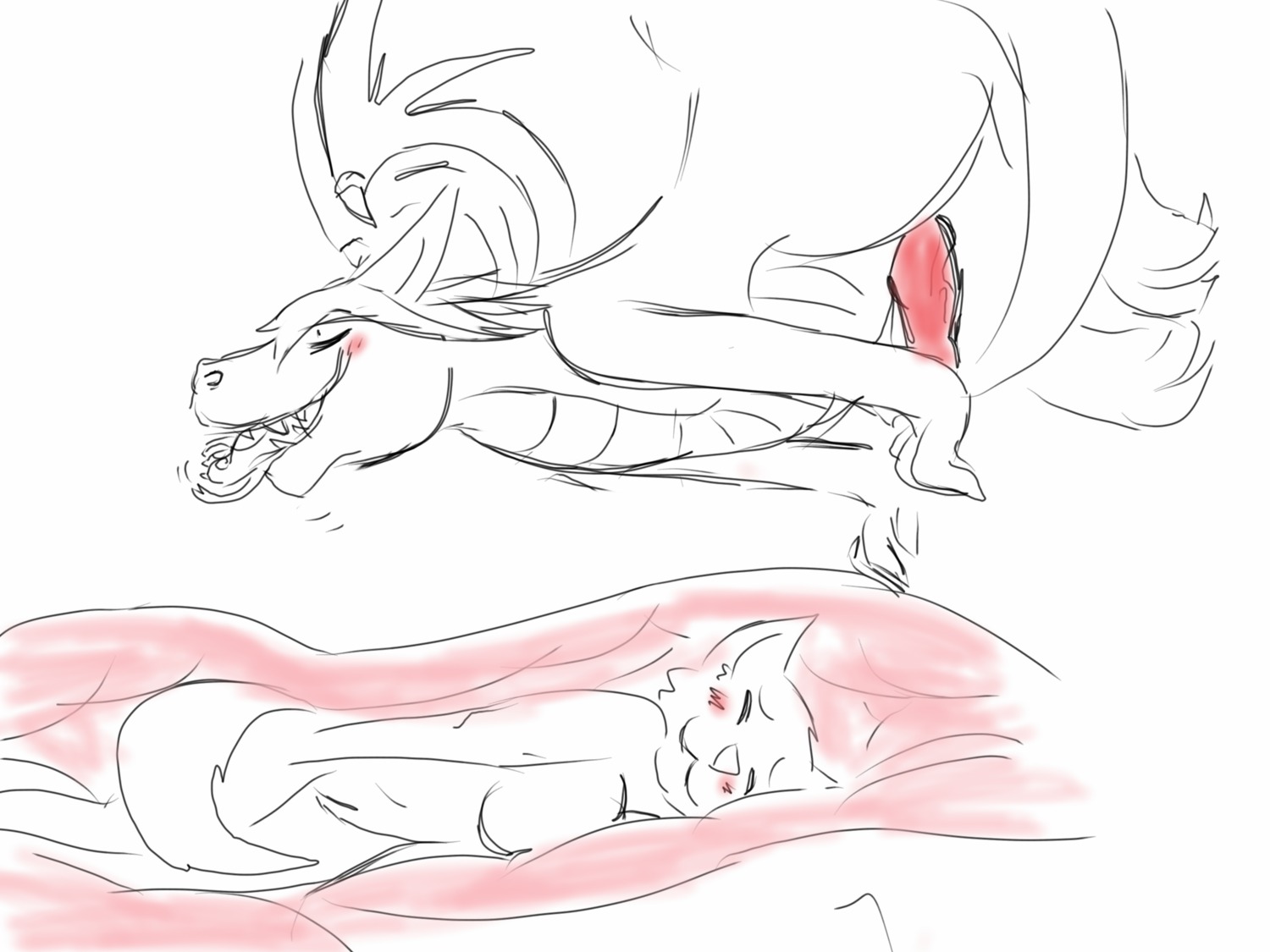 4:3 acesart_(artist) anthro anthro_on_feral bestiality biped blush body_in_mouth canid canine canis digital_drawing_(artwork) digital_media_(artwork) domestic_dog dragon duo e621 erection eyes_closed feet female feral flying forgottenhusky_(artist) forked_tongue fur genitals happy hi_res hindpaw husky internal interspecies looking_pleasured male mammal mythological_creature mythological_scalie mythology nordic_sled_dog nude paws penis quadruped red_penis scales scalie side_view simple_background sketch sleeping spitz tongue ventral_scales vore wings