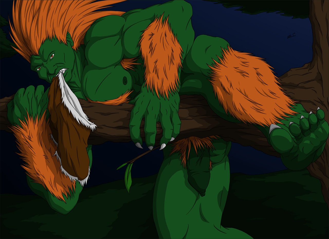 abs armpit_hair balls biceps blanka body_hair bottomwear capcom claws clothing e621 fangs foreskin genitals green_balls green_body green_nipples green_penis green_skin hair half-erect humanoid humanoid_genitalia humanoid_penis long_foreskin looking_at_viewer male muscular muscular_humanoid muscular_male nipples not_furry nude orange_eyes orange_hair pecs penis plant pose presenting pubes shorts solo spoonfed-streetlamp street_fighter teeth toe_claws tree