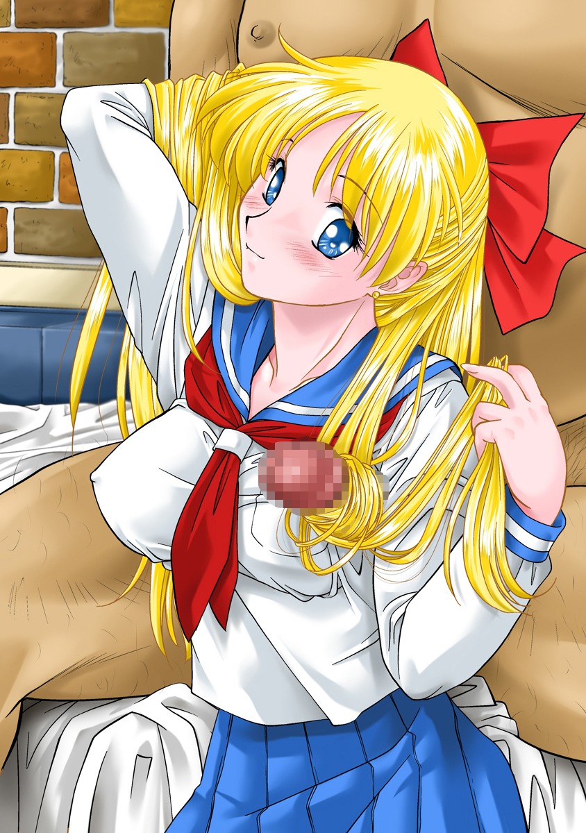 1girls armpit_sex big_breasts bishoujo_senshi_sailor_moon blonde_hair blush bow breasts censored clothing erect_nipples erect_nipples_under_clothes female female_focus gabri-l hairjob male minako_aino nipples penis rule34 school_uniform skirt small_breasts straight tagme
