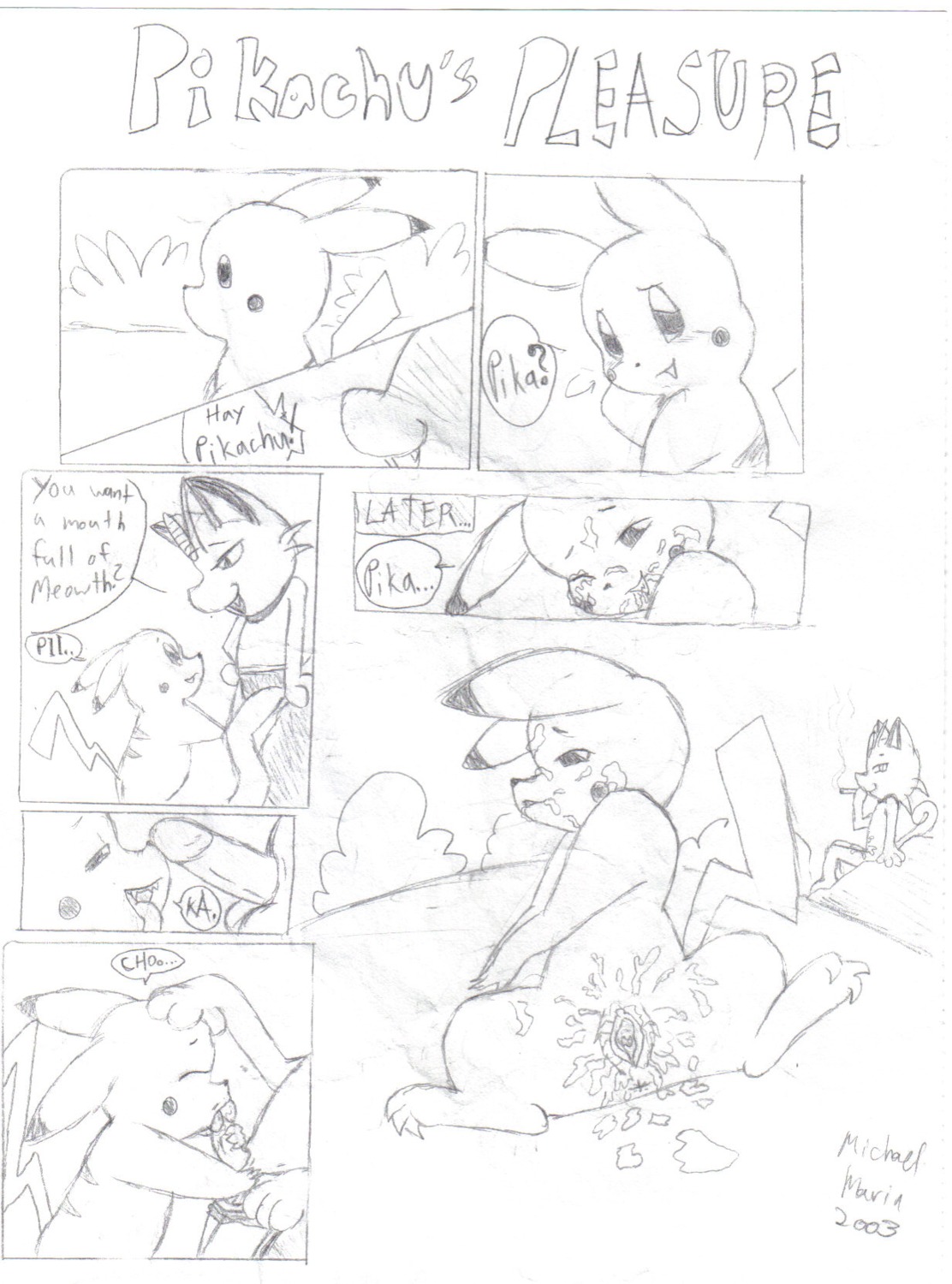 2003 black_and_white bodily_fluids clothing comic cum duo e621 english_text erection female generation_1_pokemon genital_fluids genitals hi_res humanoid_genitalia humanoid_penis licking male mammal meowth michael_marin monochrome nintendo oral penile penis penis_lick pikachu pokemon pokemon_(species) rodent sex simple_background smoking source_request tail text tongue tongue_out underwear white_background